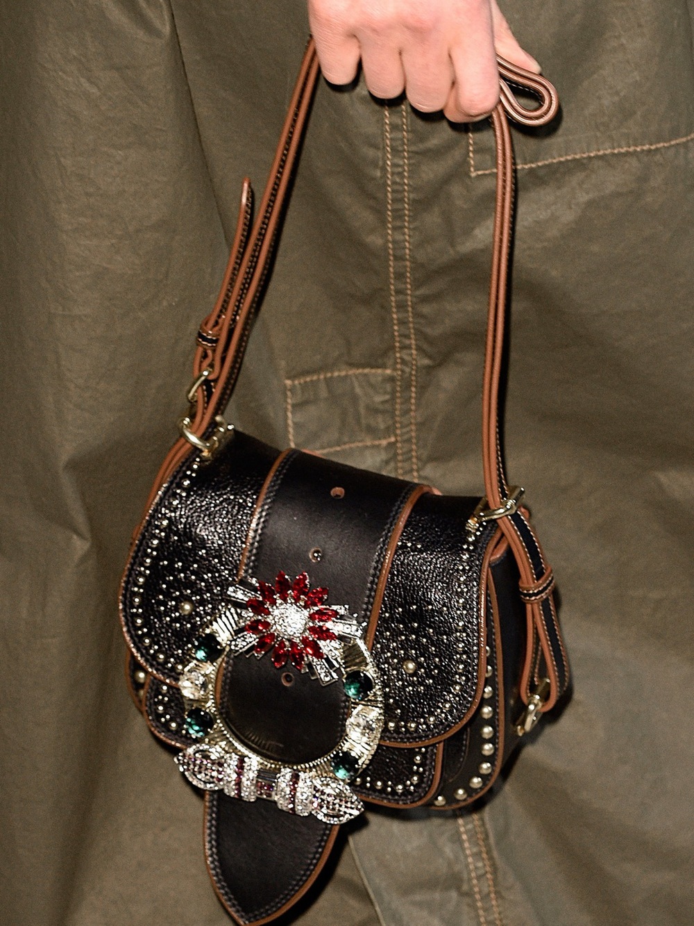 Miu Miu Brown Mini Crossbody with Jeweled Floral Buckle